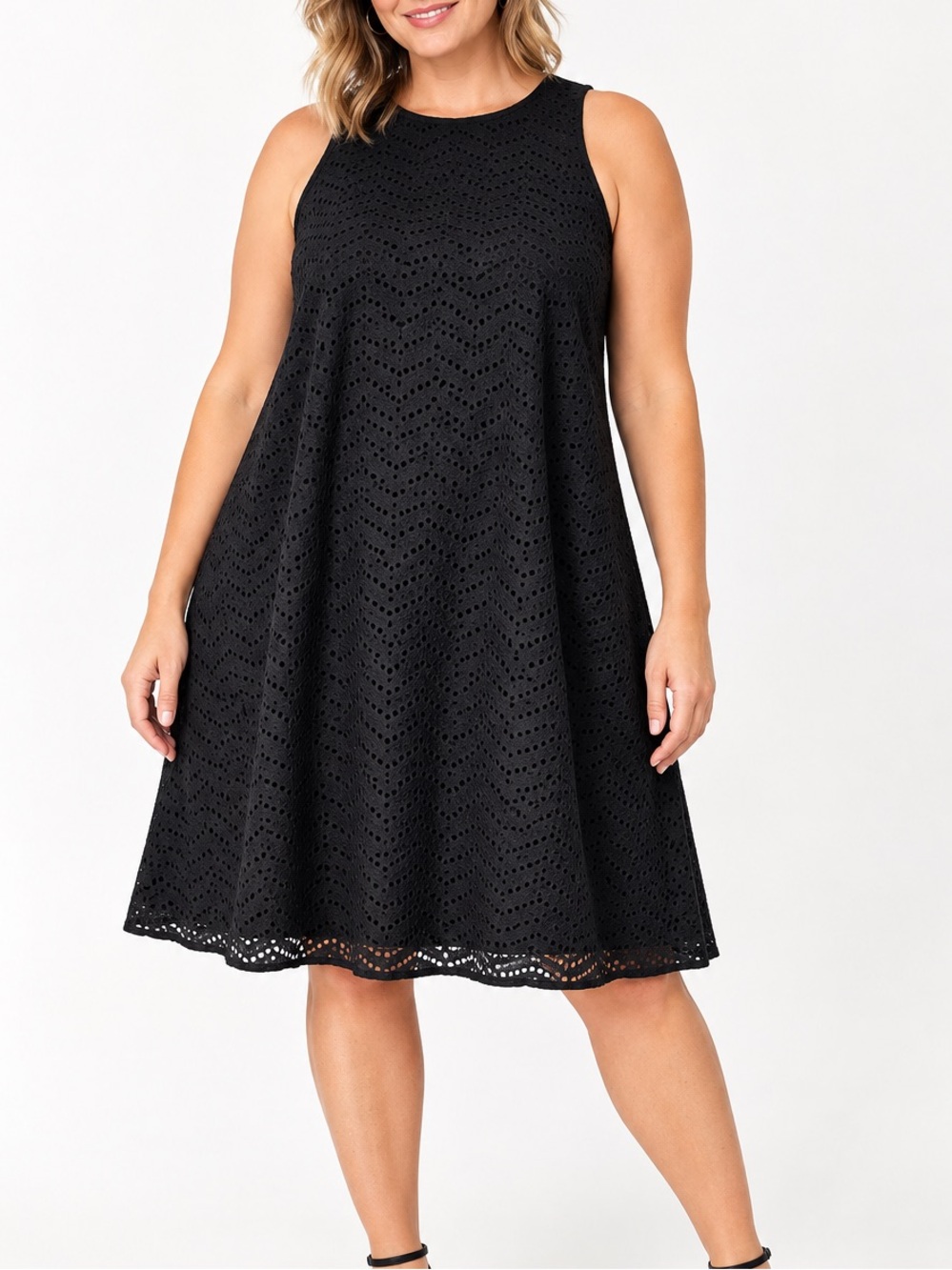 Ann Taylor Black Eyelet Trapeze Shift Dress Cotton 14 Tall